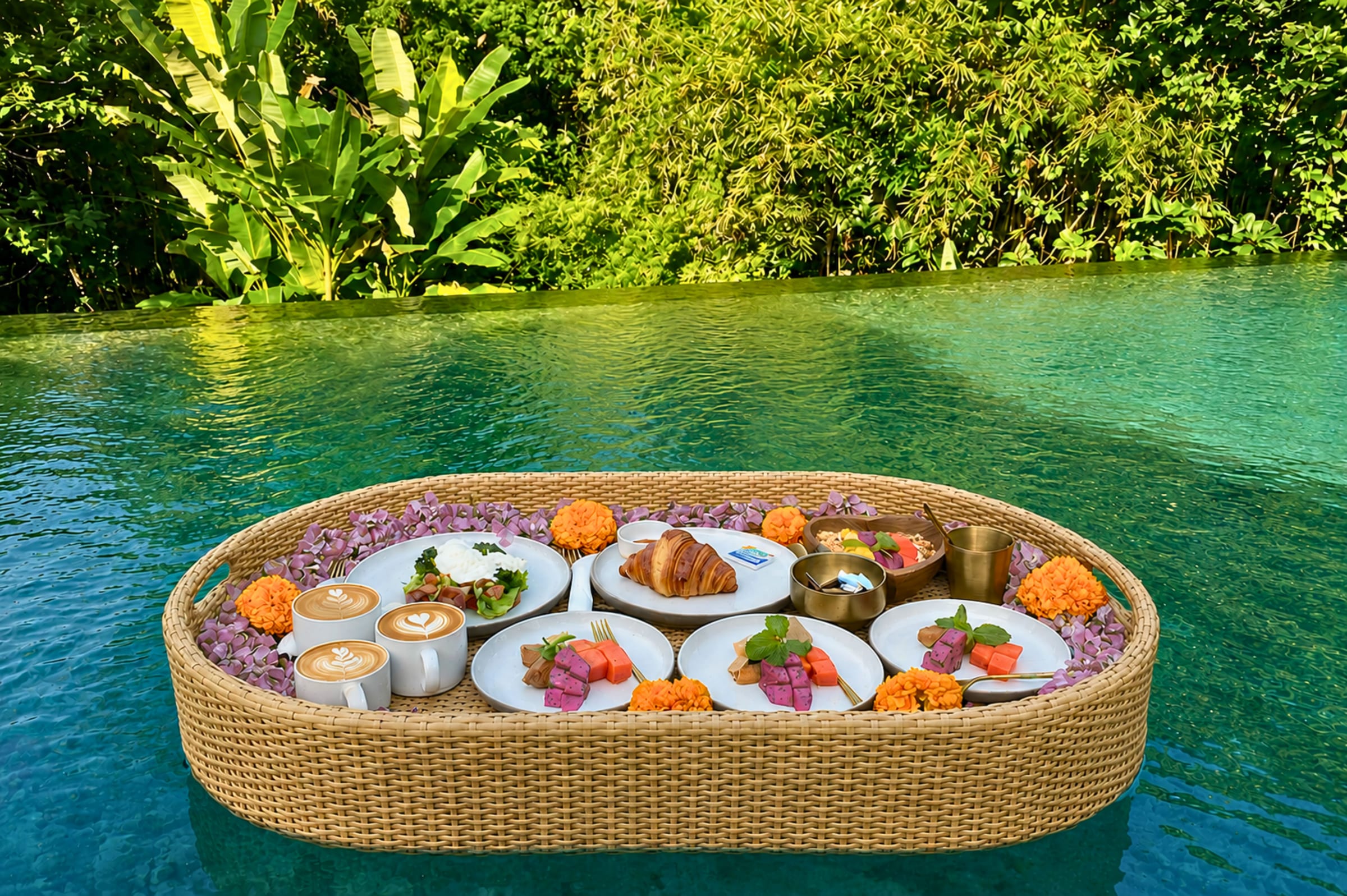 Floating breakfast served on a tray in a private villa pool at Four Elements Villas